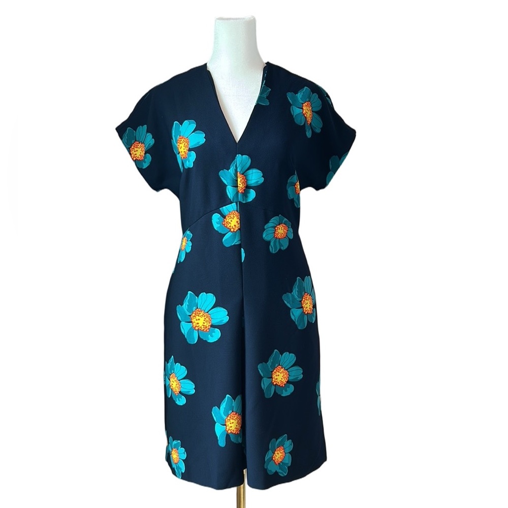 Banana Republic Navy Blue Turquoise Floral Cap Sleeve V-Neck Dress Size XS 0 2